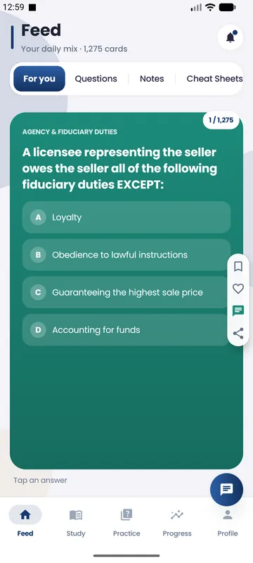 Cinna RE app: the study feed with a practice question